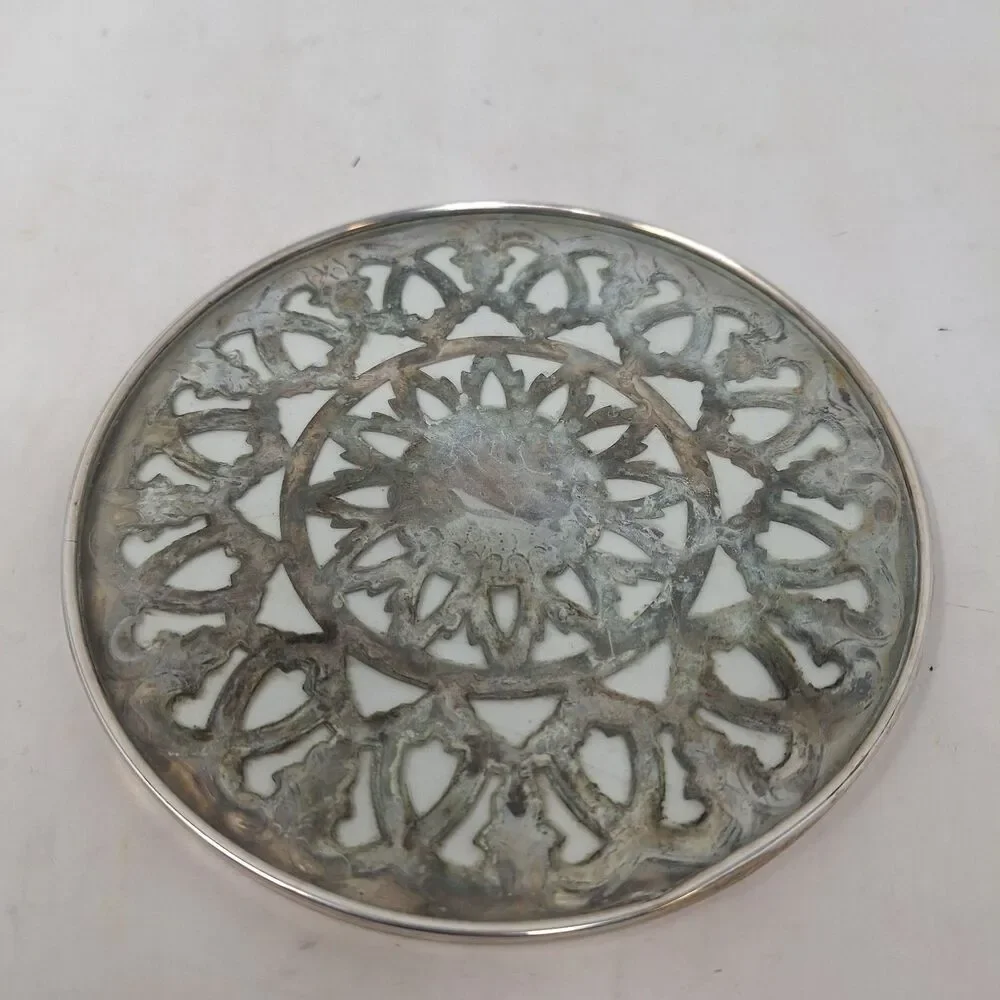 Vintage Raimond Silver Plate On Glass Trivet 6 Inch Coaster Kitchen Accessories